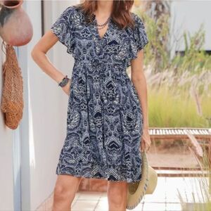 Sundance Navy and White Paisley Short-Sleeve Sundress